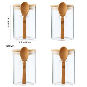 TEMU 4개 500ml/16.9oz 나무 뚜껑 투명한 둥근 병과 숟가락 - 고성능 보로실리케이트 열 저항 유리 보관 용기 주방, 식료품 저장실, 스토브탑 - 건식 식품 보관, 조리기구 및 식료품 저장실 조직, 주방 보관 솔루션, 우아한 유리 용기, 내구성 있는 유리 용기