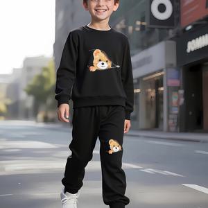 TEMU 세련된 지퍼 달린 곰돌이 프린트 긴팔 상의 2벌 세트와 곰돌이 프린트 지퍼 팬츠 1벌 남아용 세트, 가을, 겨울, 야외 활동에 적합