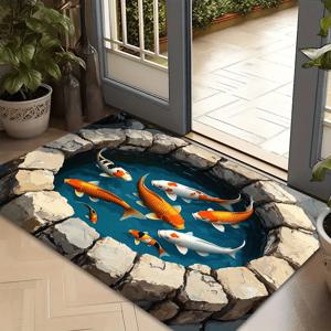 TEMU 3D 환상 연못 코이 도어매트 - 미끄럼 방지, 마이크로파이버, 흡수성 폴리에스터 매트 | 욕실, 침실, 거실 현관용 세탁 가능 바스 매트 | 고급 디자인의 내구성 있는 바닥 매트 (물고기 장식)