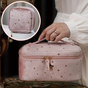 TEMU 메이크업 백 2pcs 세트 - 벨루 드림 오브 시칠리 | 별 디자인, 골드톤 지퍼 & 플로럴 액센트 | 벨벳 소재 | 여행 및 일상용 완벽한 휴대용 정리함 & 우아한 액세서리