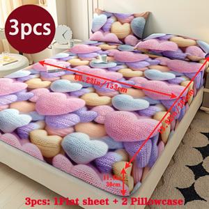 TEMU 3종 세트: 1장 침대 시트 + 2개 베개커버 (속재 없음), 핑크 하트 프린트, 트윈/더블/퀸 사이즈 가능, 부드럽고 편안한 침구세트, 손세탁 가능