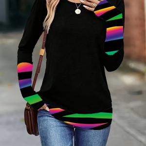 TEMU 여성의 우아한 긴팔 티셔츠 - 생동감 있는 컬러 블록 & 무지개 프린트, 정상적인 핏 가을 겨울 상의, 다용도 캐주얼에서 공식복, 캐주얼 복장 | 생동감 있는 티셔츠 | 편안한 착용