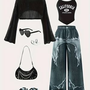 TEMU 고스코어 여아용 청소년 패션 홀로우드탑 + 캐미솔탱크+프린트롱팬츠 이티메이션데님 3피스세트, 봄/가을 야외활동에 필수 (백과 액세서리는 포함되지 않음), 야외에서 완벽한 선택