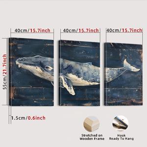 TEMU 2D 플랫, 액자 포함 3pcs 고래 캔버스 아트 프린트: 추상적인 블루 웨일과 해양 생물 벽 장식, 목재 프레임. 현대적 코스트 홈 데코, 거실, 침실, 사무실에 적합한 자연 애호가를 위한 완벽한 선물, 2D 플랫