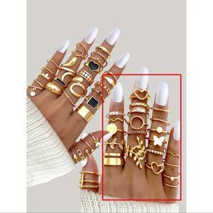 TEMU 51개/24개 세트 패션 트렌디 멜란지 컬러 여성 반지 세트, 블랙 스퀘어 & 하트 디자인 - 일상 착용, 휴가 파티, 가족 친구 선물용 골든 레이디스 링 컬렉션