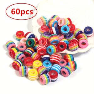 TEMU 60개 대형 구멍 비즈 - 컬러 (빨강, 주황, 노랑, 초록, 파랑, 보라, 분홍) - 액세서리 만들기, DIY 공예, 팔찌, 열쇠고리용 - 목걸이, 귀걸이, 펜던트 프로젝트용 벌크 비즈 - 정리 편한 비드 스트링, 공예 비즈, 줄무늬 패턴, 생생한 색상, 매끄러운 질감, 광택 마감