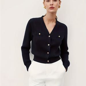 TEMU 여성 우아한 V넥 긴팔 카디건 - 해군 파란색과 금색 버튼, 가벼운 모든 계절 착용, 기계 세탁 가능, 슬림 핏 캐주얼 및 정장 의상, 다재다능한 패션, 세련된 디자인, 중간 스트레치 원단
