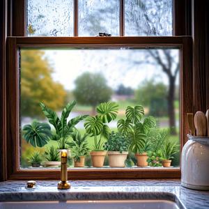 TEMU 1pc 열대 식물 포트된 창 스티커, 거실, 침실, 주방 및 욕실의 유리 창문과 문을 아름답게 꾸미고 장식합니다.