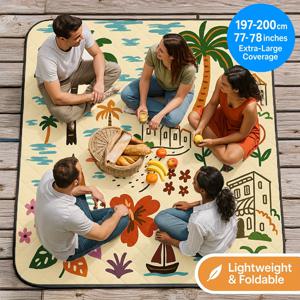 TEMU 4-8인용 초대형 두꺼운 피크닉 매트 - 내구성 강화 3겹 패딩 베이스, 미끄럼 방지 접이식 야외 담요, 캐리 스트랩 포함, 대형 80x80 인치 캠핑·해변·BBQ·가족 모임용, 사계절 휴대용 뒷마당 장식, 파티 테이블 커버, 폴리에스터 소재, 그룹 아웃팅 필수품|캠핑테이블|캠핑매트