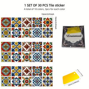 TEMU 30개 리라인무드 접착식 방수 타일 스티커 세트 (스크래퍼 포함) - 멕시칸 PVC 바닥 & 벽 타일, 멀티컬러 (-룩) 백스플래시 데칼, 욕실, 바닥, 가구 - 스페인 타일 디자인
