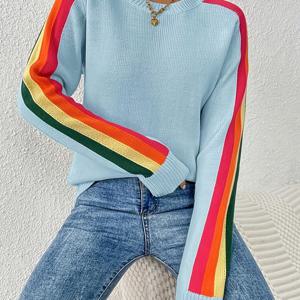 TEMU 무지개 스웨터 | 스위트 쿨 스타일, 패셔너블한 다용도, 봄/가을용 탑, 크루넥