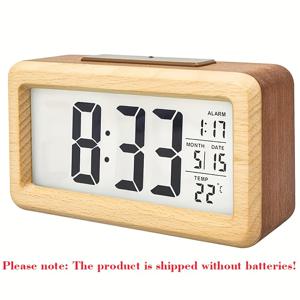 TEMU 1개 나무 디지털 알람 시계 (캘린더 & 온도 표시) | 듀얼 톤 직사각형 데스크 시계, 여행용 알람, 무소음 디자인, 배터리 작동 (AAA), 이상적인 선물
