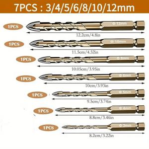 TEMU 7개 다용도 드릴 비트 세트, 텅스텐 스틸 디자인, 고경도 타일, 유리, 콘크리트, 대리석, 목재, 강철 판 드릴링 - 육각 샹크 홀 오프너 & 리밍 키트, 사이즈 3-12mm