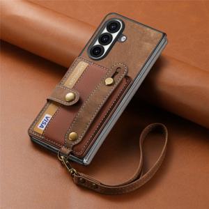 TEMU 레트로 크로스 패턴 손목끈 랜야드 시리즈, 삼성 갤럭시 Z Fold 7/6/5 호환, 데일리 사용 수납케이스, 핸즈프리 이동식, Vintage 감성, 텍스처 마감, 보호 쉘, 접이형 폰커버, 스탠드 기능, 테크놀러지 애호가를 위한 세련된 디자인|핸드폰스트랩