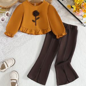 TEMU 2025 가을 신상 여아 패션 플로럴 패치워크 긴팔 탑 & 플레어 팬츠 세트, 두 조각 아웃핏, 학교 복귀 스타일, 할로윈 축하, 캐주얼 웨어, 일상 및 레저용, 폴리에스터, 논스트레치 원단, 레귤러 핏, 크루 넥, 롱 슬리브, 크롭 길이, 러플 헴, 앱플리케 디테일, 야외 활동에 완벽