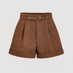 TEMU 여성용 캐주얼 코듀로이 슬란트 포켓 반바지 - 브라운, 버튼 앞면 클로저, 탄성 허리 밴드, 올 시즌 편안함, 캐주얼 복장, 캐주얼 반바지, |버튼프론트 반바지|코듀로이 질감, 여성 반바지, 여성용 반바지