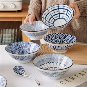 TEMU 일본 도자기 유약파인 블루 인기 디자인 7인치 라면 및 면수프용 대형 그릇