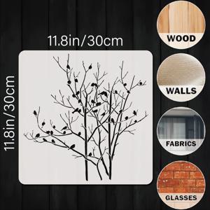 TEMU 11.8x11.8인치 재사용 가능한 새 가지 스텐실 - 내구성 있는 플라스틱 나무 & 잎 디자인, DIY 벽 예술, 가구 공예 및 홈 데코용, 페인팅과 장식에 쉽게 사용 가능, 새 장식, 공예 스텐실, 장식 스텐실, 쉬운 분리 소재