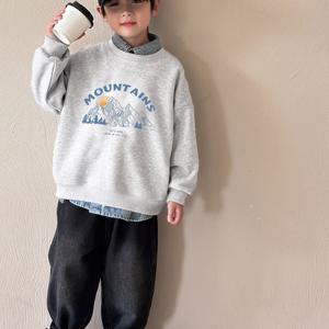 TEMU 남아 캐주얼 긴팔 크루넥 스웨트셔츠, 산 그래픽, 루즈핏, 중간 신축성, 봄/가을 아동용 상의, 아동 캐주얼 웨어|산 그래픽 탑|신축성 있는 원단