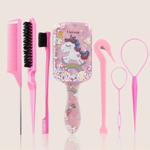 TEMU 7개 세트 에어 쿠션 헤어 빗 세트, 귀여운 유니콘 만화 빗, Topsy 헤어 테일 도구, 엣지 브러시 브리슬 브러시 랫 테일 빗 티징 브러시 세트, 헤어 스무딩, 헤어 스타일링, 청소, 여성용 슬릭 헤어 스타일링