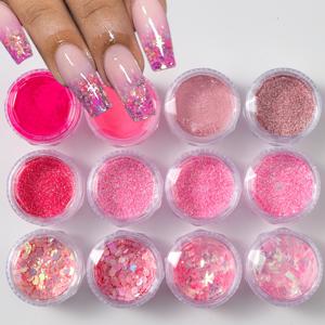 TEMU 12개 핑크 네일 글리터 파우더 - 저자극성 슈가 반짝임 캔디 글리터 플레이크, 젤 폴리쉬용 DIY 매니큐어 & 공예, 12가지 생생한 핑크 색상 (핑크, 레드, 매젠타, 플럼), 네일 아트 장식, 반짝이는 효과, 고품질 피그먼트, 살롱 전문가용