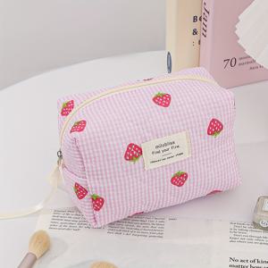 TEMU 1개/3개 퀼트 핑크 스트로베리 패턴 여행용 메이크업 백, 다중 사이즈 보관 세트 상단 손잡이 포함, 팔각형 여성 소형 화장품 파우치, 홈 정리 및 여행 필수품, 기숙사 필수 아이템