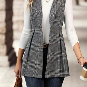 TEMU 여성용 우아한 하운드투스 조끼 - 버튼 프론트, 구조적 오피스 & 파티 아우터웨어, 가을/겨울 코트, 시크 비즈니스 캐주얼 아우터웨어, 클래식 실루엣, 폴리시드 마감, 스타일리시 레이어링 피스, 직장복, 내구성 있는 소재, 전문 여성용