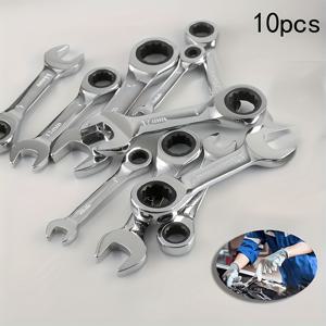 TEMU 튼튼한 크롬 바나듐 스틸 녹 방지 라쳇 렌치 10개 세트 (10mm-19mm). 역방향 사용이 가능한 다기능 듀얼 방향 렌치, 짧은 핸들, 72톱니 기어, 12점 디자인 특징.