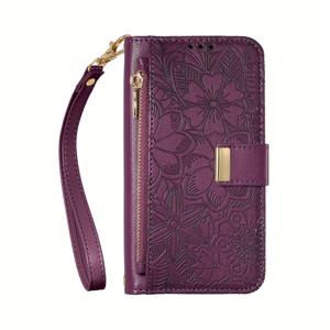 TEMU 보라색 꽃과 잎사귀, 고급스럽고 우아한 비즈니스 품질의 가죽 플립 폰 케이스, 남녀공용 긴 및 짧은 스트랩 포함. 삼성 갤럭시 S25 FE/S25 엣지/S25 울트라/S25 플러스/S24 플러스/S24 울트라/S23/S22/S21/A56/A36/A06/A05S/A15/A25/노트 10/20에 적합