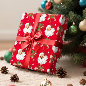 TEMU 크리스마스 포장지 1롤 - 산타 클로스 머리 & 리본 꽃다발 패턴, 43cm x 500cm (17 16.4ft) - 선물 포장, 파티 장식을 위한 튼튼한 종이