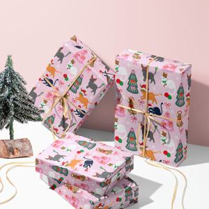 TEMU 크리스마스 포장지 1롤 - 핑크 배경에 고양이 & 나무 만화, 43cm x 500cm (17 16.4ft) - 선물, 파티 및 홈 데코를 위한 축제 분위기 장식, 크리스마스 장식, 파티 장식, 재미있는 디자인, 튼튼한 소재