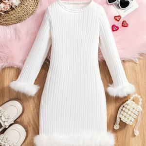 TEMU 여아용 우아한 화이트 플러시 슬리브 & 러플 헴 드레스 - 부드럽고 신축성 있는 원단, 긴소매 라운드넥 A라인 가을/겨울 드레스, 야외 활동에 적합
