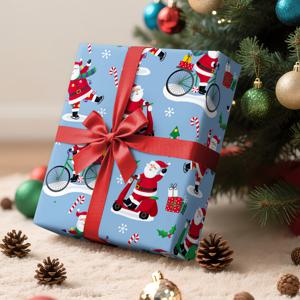 TEMU 1롤 크리스마스 포장지 | 파란 배경에 장난스러운 산타(자전거 타기, 스쿠터 타기, 스케이트 타기) & 캔디케인, 크리스마스 트리, 홀리 잎, 선물, 눈송이 패턴 크리스마스 선물 포장, 휴일 장식, 파티 준비, 수제 공예에 적합 - 43cm × 500cm (17인치 × 16.4피트)