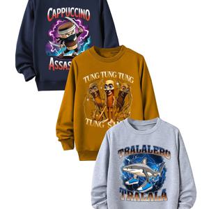 TEMU 3개 남아용 이탈리아 브레인 부식 요소 카푸치노 암살자 동동동 살라 샤크 프린트 스웨트셔츠, 봄/가을에 완벽, 캐주얼 웨어, 편안함, 루즈핏, 긴소매, 라운드넥, 컬러 블록 디자인, 튼튼한 원단
