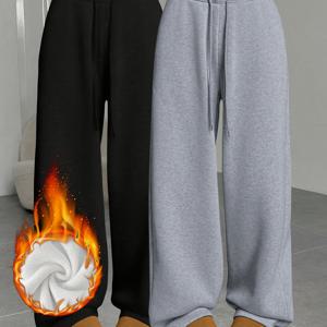 TEMU 여성용 포근한 기모 안감 와이드 레그 팬츠 세트 - 블랙 & 그레이, 캐주얼 루즈핏 드로스트링 허리, 가을/겨울에 완벽, 편안하고 스타일리시, 캐주얼 웨어|캐주얼 스타일|기모 안감 팬츠