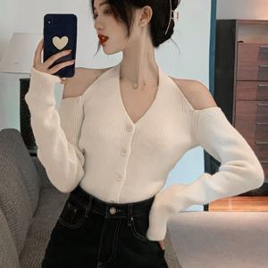 TEMU 섹시 오프숄더 홀터넥 탱크탑, 핫한 디자인 감각의 니치 크롭 니트웨어 풀오버, 캐주얼룩, 겨울용 이너레이어링, 트렌디한 니트웨어, 포근한 풀오버, 신축성 있는 소재, 여성을 위한 트렌드세터