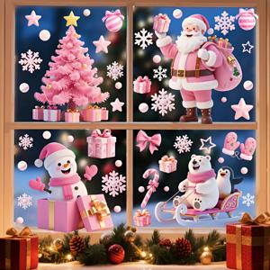 TEMU 36개 이상의 국가에서 사용된 52pcs 크리스마스 창문 스티커 세트 - 핑크색 눈송이, 산타클로스와 크리스마스 트리 디자인, PVC재질로 반광택면, 축제 파티 장식에 적합한 고전적인 크리스마스 디자인과 내구성 있는 윈도우 스티커