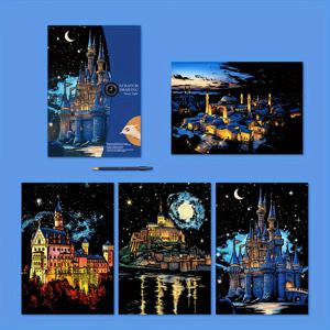 TEMU A3 반짝이는 도시 야경 스크래치 아트 4pcs 세트, 레이저 DIY 성인 스크래치 아트 컬러풀 라제르 스크래치 아트, 예술적인 수유활동, 창의적인 취미, 디자인, 레이저컷 작품, 수공예 아트, 고퀄리티 핸드메이드, Adult용 Art Kit, DIY Craft Set, 취미가를 위한 선물, 창의적인 개인