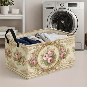 TEMU 1개 빈티지 플로럴 벽지 보관 바구니 - 튼튼한 손잡이가 있는 대형 접이식 직사각형 정리함, 장난감, 옷, 선물 보관용 대용량 - 내구성 있는 폴리에스터 홈 데코 솔루션, 선반 바구니, 보관 상자|폴딩박스