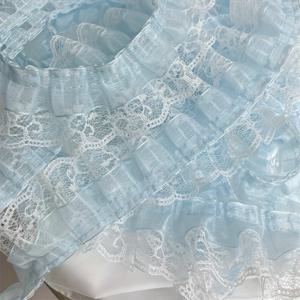 TEMU 넓은 연보라/하늘색/흰색 더블 플리츠 러플 레이스 리본 - 폭 5cm x 길이 90cm (1.96