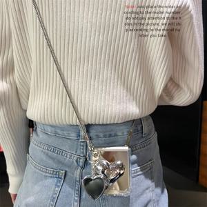 TEMU Z Flip 7 및 Z Flip 7 FE용 사각 낙하 방지 전기 도금 거울 케이스 + 전기 도금 은색 3D 하트 + 은색 크로스바디 스트랩 + 은색 하트 거울 낙하 방지 폰 케이스