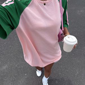 TEMU 여성 컬러 블록 드롭 숄더 크루넥 티셔츠 | 캐주얼, 하이 스트레치 원단, 가을/겨울에 적합