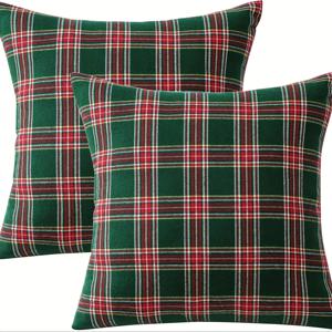 TEMU 크리스마스 체크무늬 장식 베개 커버 2개 - 클래식 레드와 그린 빈티지 컨트리 스타일, 짧은 플러시 단면 패턴 45.72x45.72cm 지퍼형 소파 침대 거실 쿠션 커버, 세탁기 사용 가능 (속 쿠션 미포함), 홈 데코, 소파에 적합