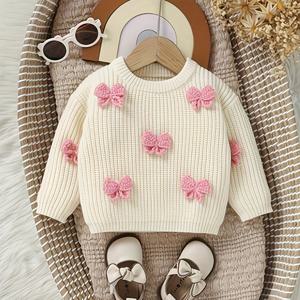 TEMU 나비 액세서리 여아 패션 캐주얼 풀오버, 9개월~12세용 라운드넥 긴소매 레귤러 핏 순백색, 귀여운 스타일, 러닝·학교복·야외 활동에 적합, 선물로도 완벽한 베이비걸 겨울 옷