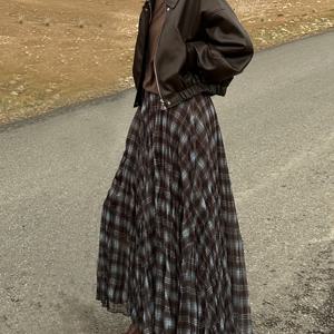 TEMU 신상 가을-겨울 체크 미디 스커트, 툴 맥시 하이웨이스트 우아한 체크 A라인 탄력성 안감 롱 드레스