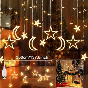 TEMU 1개 크리스마스 장식 별 달 별 달 아이슬 커튼 조명 - USB 전원, 창문 벽걸이 스트링 조명, 따뜻하고 LED 요정 램프, 침실 배경 결혼식 파티 실내 방 기숙사 가을 홈 데코 새해 가랜드 할로윈 조명