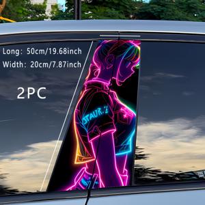 TEMU 2개 세트 애니메이션 네온 야광 자동차 스티커 - 만화 여성 캐릭터 비닐 데칼, 방수 - 기둥 창문 장식용, 트럭, (스마트폰/컷아웃 호환) - 쉽게 붙이고 떼는 디자인