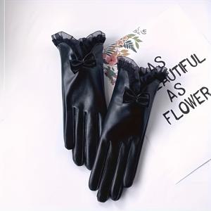 TEMU 여성용 겨울 장갑 - 블랙 우아한 러플 손목 & 커프, 풀핑거 비탄성 추위 방지 장갑, 파티, 웨딩, 정장 이벤트용 - 드라이클리닝 전용, 럭셔리 손 보온 (깃털/리본 없음) - 핸드백 친화적 액세서리