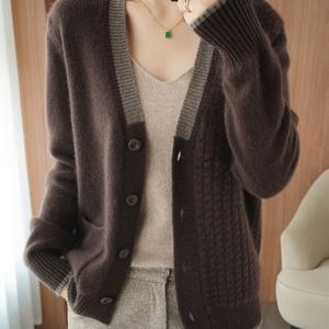 TEMU 여성용 우아한 프렌치 스타일 가디건 - 컬러 블록 디자인의 V넥 긴팔 버튼업 스웨터, 소프트 브라운 & 그레이, 가을/겨울 레이어링에 완벽, 다재다능한 아우터웨어 또는 인너 레이어링 피스, 여성용 스웨터 가디건, 고품질 여성용 가디건, 가을 옷