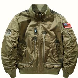 TEMU 남성용 올리브 그린 보머 재킷, 미국 국기 패치 포함 - 캐주얼 루즈핏, 긴 소매, 지퍼업, 폴리에스터 안감, 드롭 숄더 디자인, 캐주얼 의상에 완벽, 캐주얼 아우터웨어 | 드롭 숄더 재킷 | 폴리에스터 안감 재킷